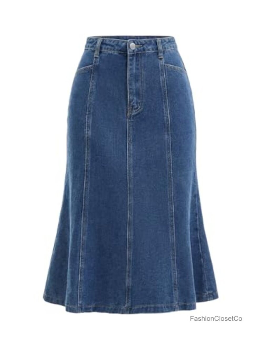 Fishtail Hem High Waist Denim Midi Skirt Fit and Flare Cotton Blend